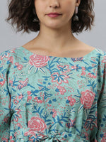 Thumbnail for Janasya Sea Green Floral Printed Kaftan Kurta - Distacart