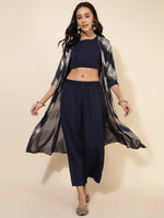 Thumbnail for Janasya Women's Dark Blue Crepe Foil Printed Festive Crop Top Set - Distacart