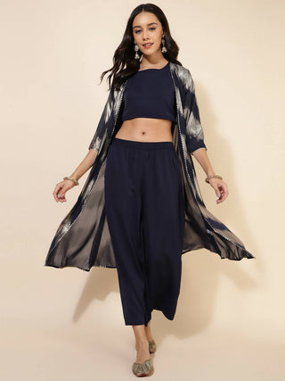 Janasya Women's Dark Blue Crepe Foil Printed Festive Crop Top Set - Distacart