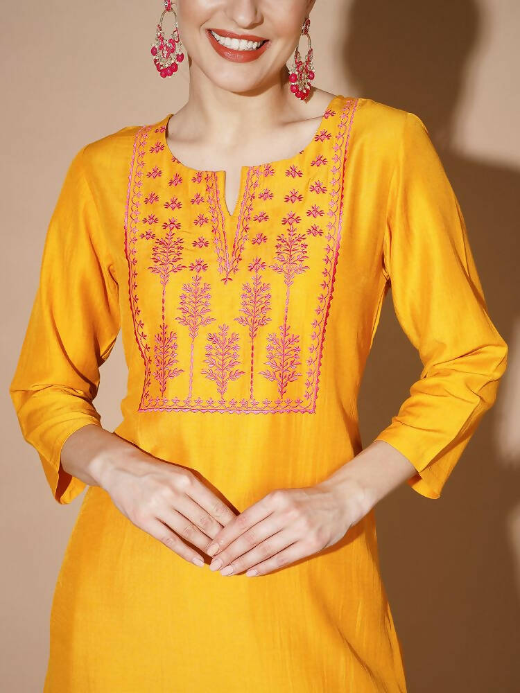 Myshka Women Mustard Solid Kurta & Palazzos With Dupatta - Distacart