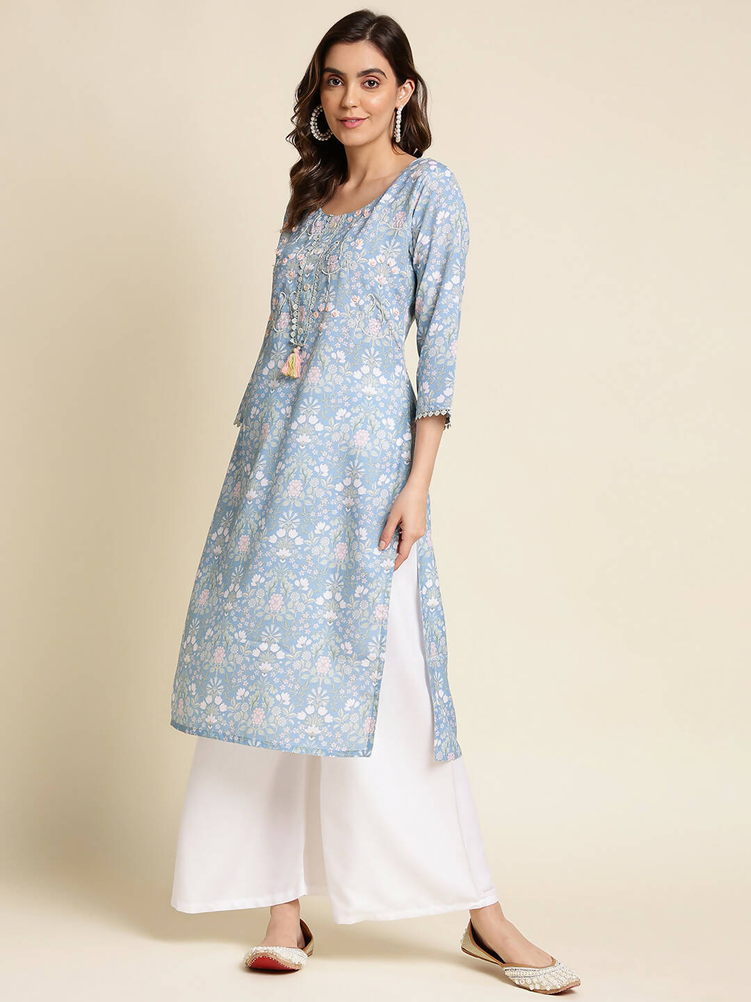 Blue Linen Floral Printed Straight Fit Kurta - Prasuti - Distacart