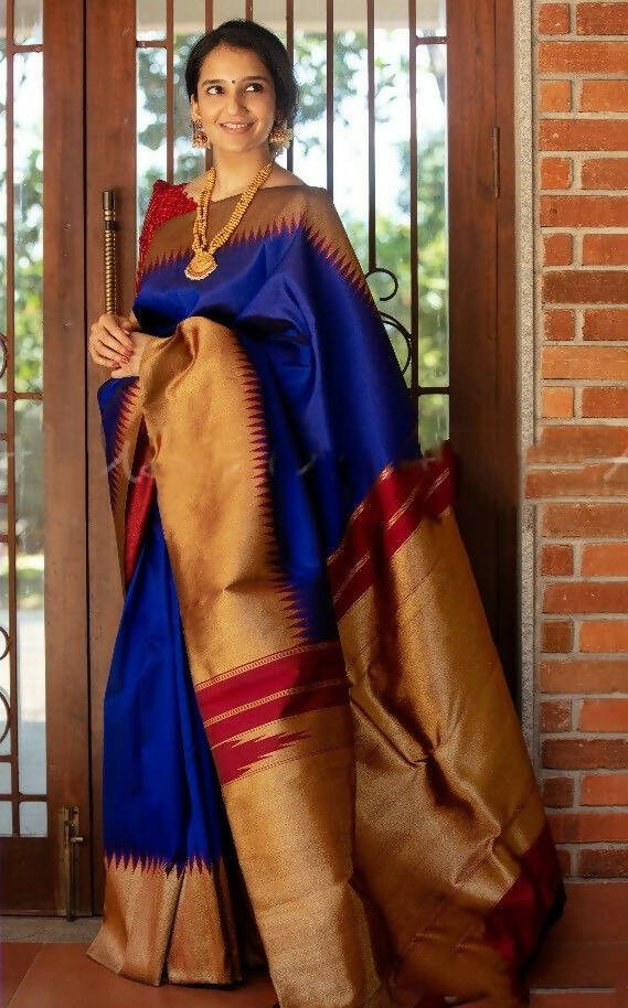 DEIANA'S Beautiful Golden Jari with New Design Soft Lichi Silk Saree - Blue - Distacart