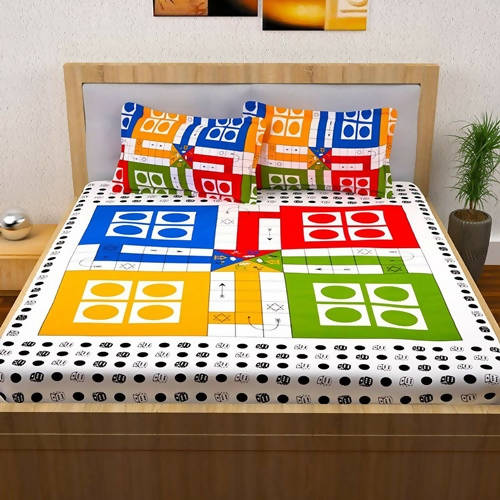 Vamika Printed Cotton White Bedsheet With Multicolor Ludo Design Bedsheet With Pillow Covers (LEOC_LUDO_BLACK) - Distacart
