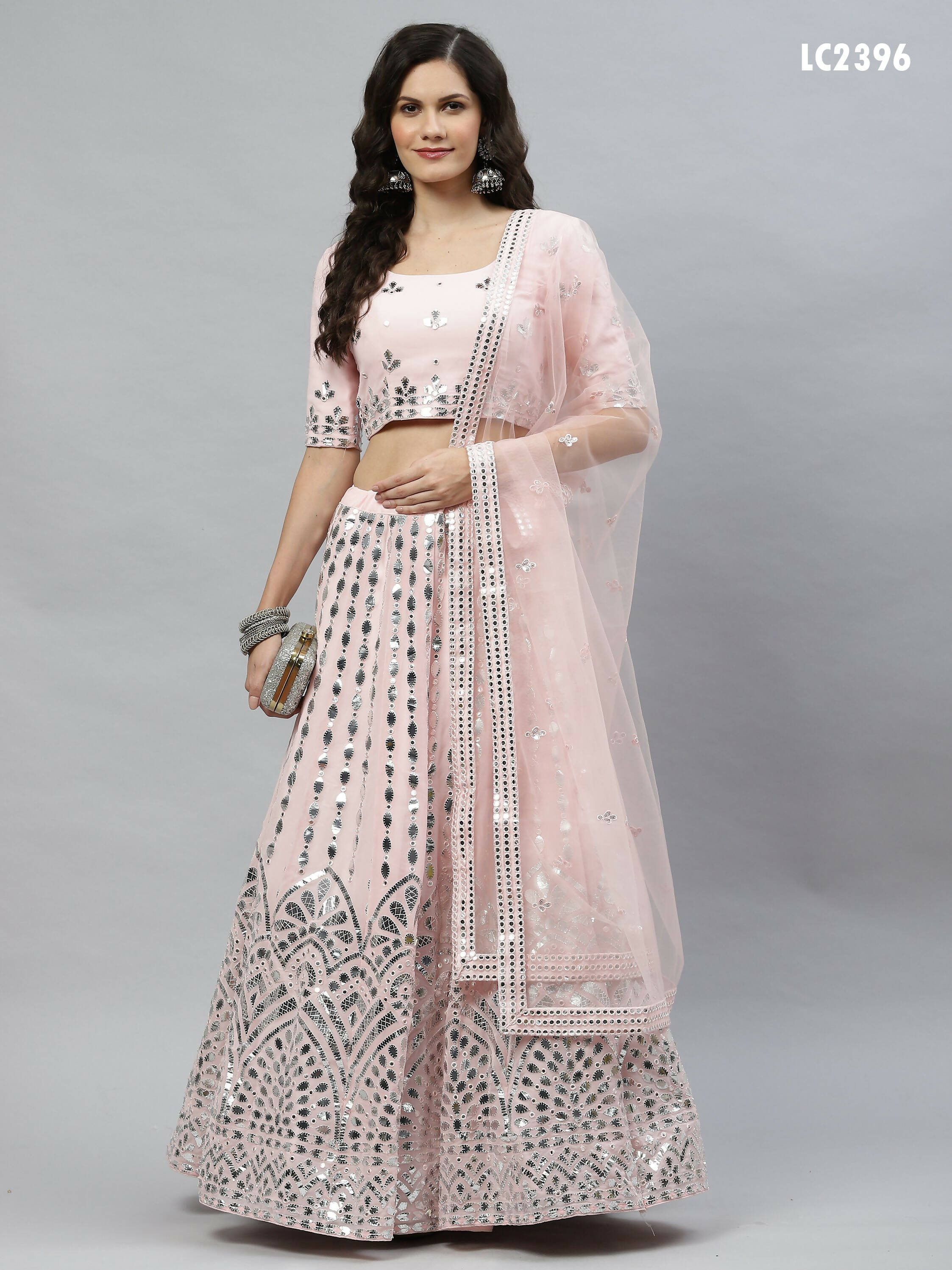 Pink Georgette Paper Mirror Embroidery Work Lehenga Choli with Dupatta - Jivika - Distacart