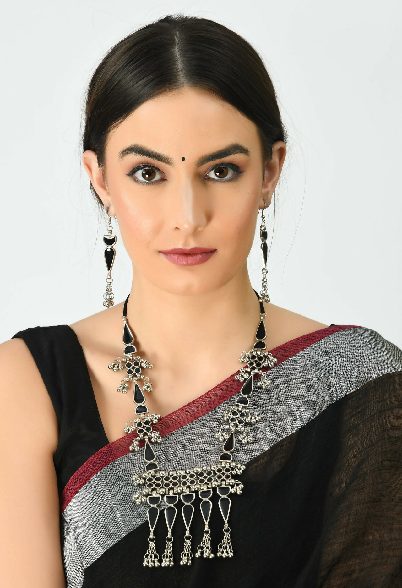 Mominos Fashion Johar Kamal Oxidised Silver-Plated Meenakari Long Necklace Set - Distacart