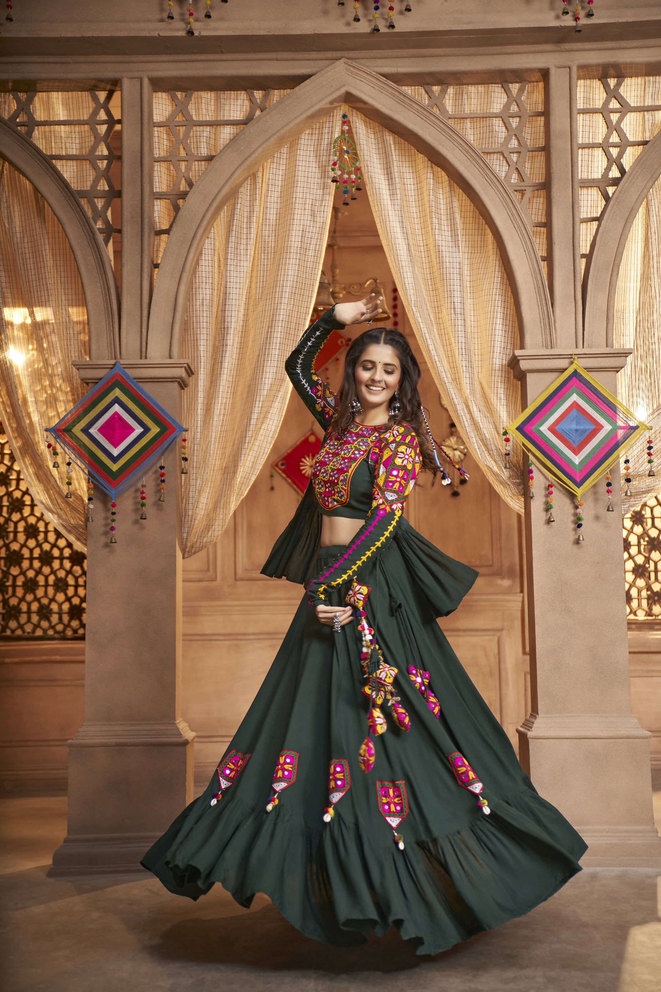Green Viscose Rayon Thread Embroidered Work With Mirror All Over Navratri Lehenga Choli With Dupatta - Raas - Distacart