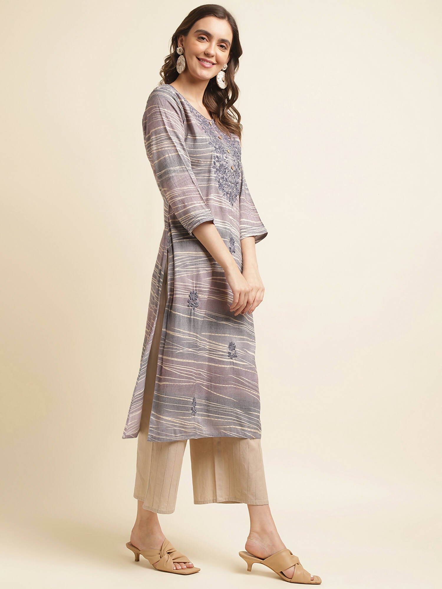 Grey Poly Rayon Stripe Printed Straight Fit Kurta - Prasuti - Distacart