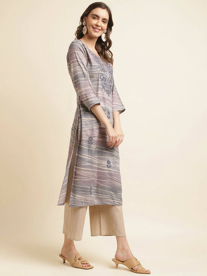 Grey Poly Rayon Stripe Printed Straight Fit Kurta - Prasuti - Distacart