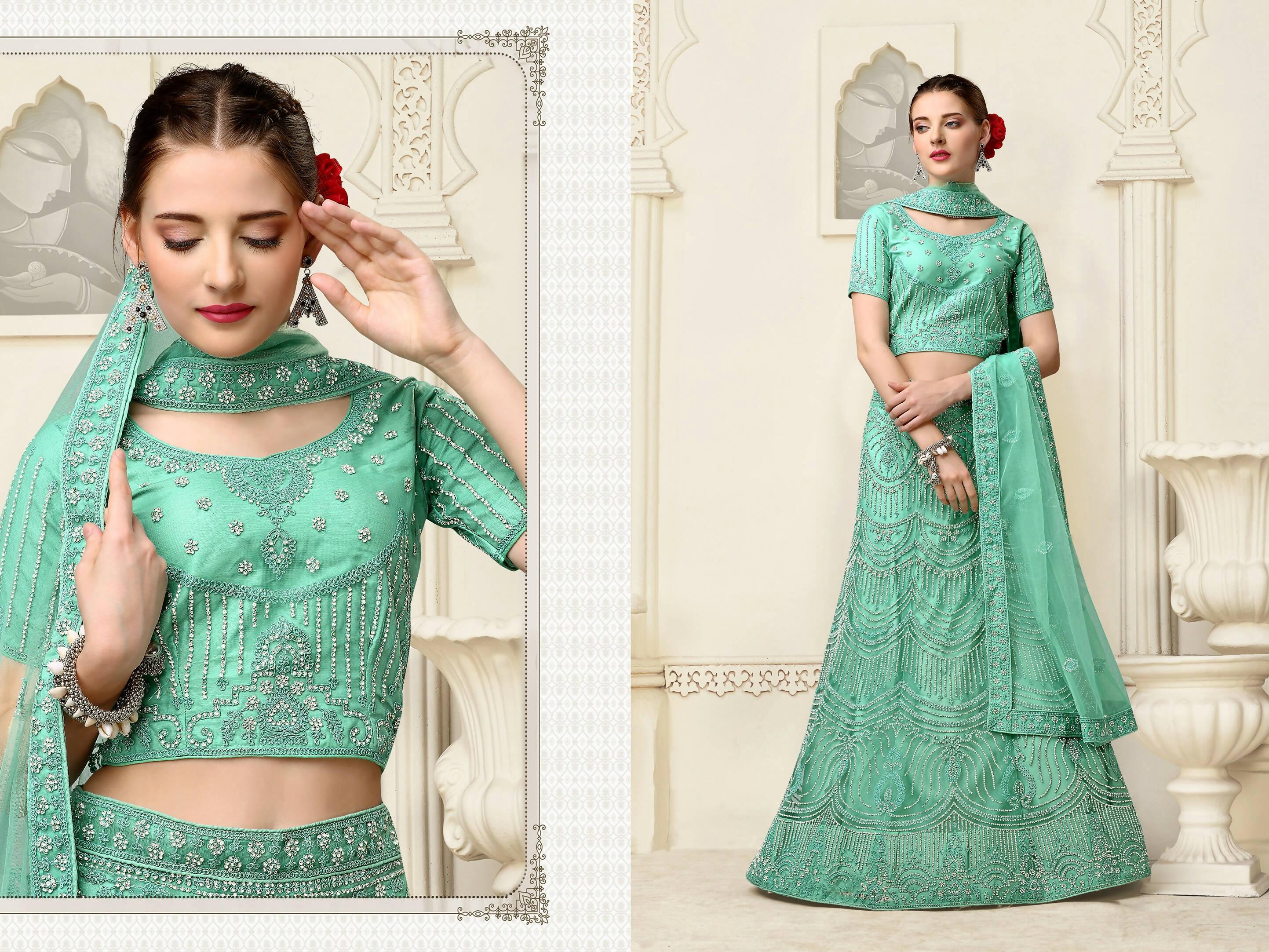 Green Net Fancy Zari Embroidered work Lehenga Choli with Dupatta - Heer - Distacart
