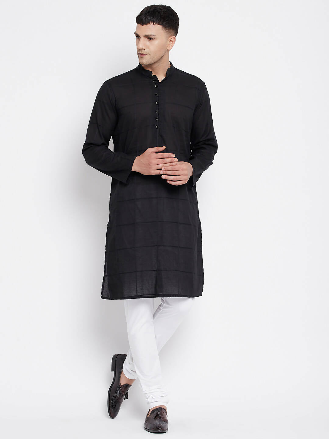 Even Apparels Pure Cotton Men's Kurta in Black Color With Band Collar - Distacart