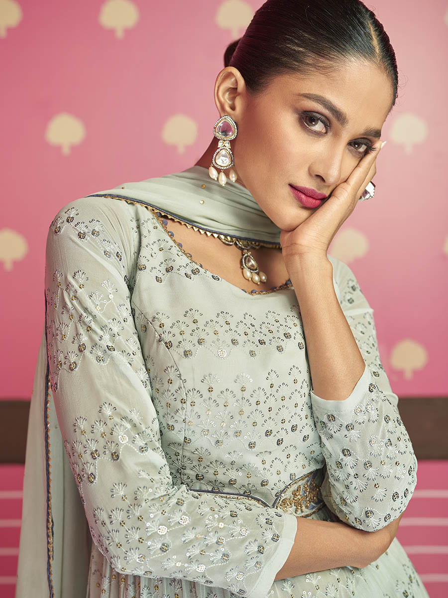 Myra Dusty Grey Real Georgette Designer Suit - Distacart