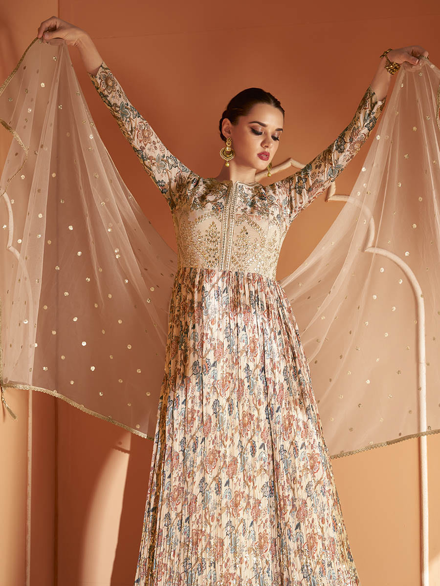 Myra Multicolour Real Georgette Designer Gown Style Suit - Distacart