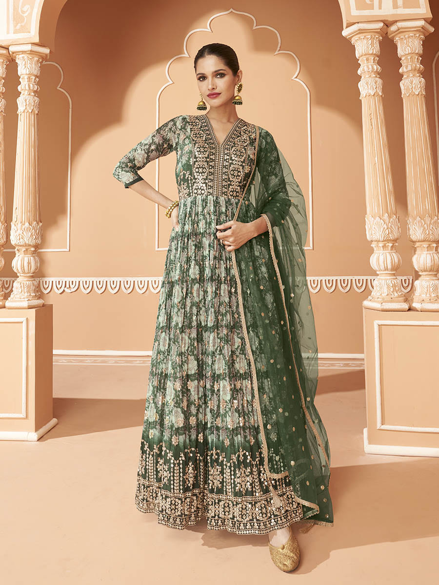 Myra Multicolour Real Georgette Designer Gown Style Suit - Distacart