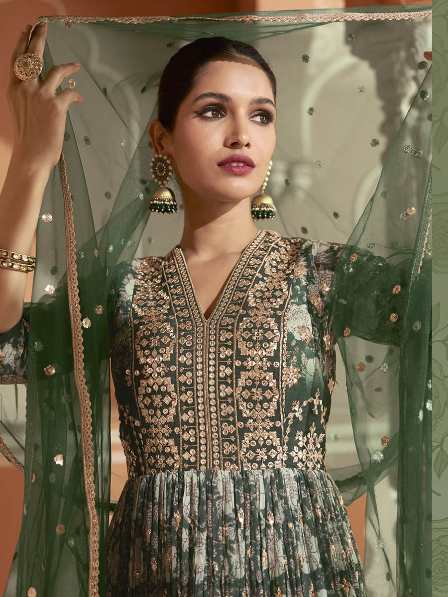 Myra Multicolour Real Georgette Designer Gown Style Suit - Distacart