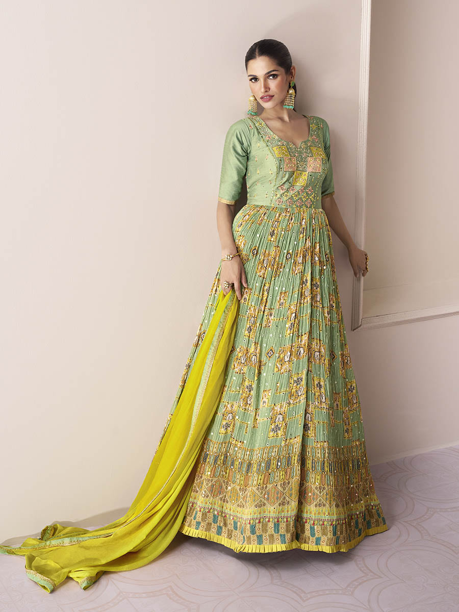 Myra Pastel Green Georgette and Chinon Silk Gown Style Party Wear Suit - Distacart