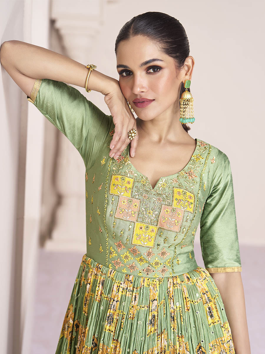 Myra Pastel Green Georgette and Chinon Silk Gown Style Party Wear Suit - Distacart