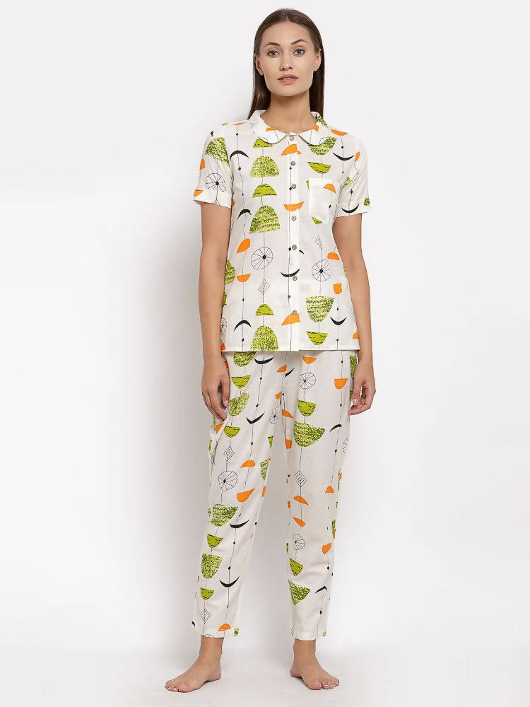 Myshka Women's Multi Cotton Printed Half Sleeve Collar Neck Casual Night suit