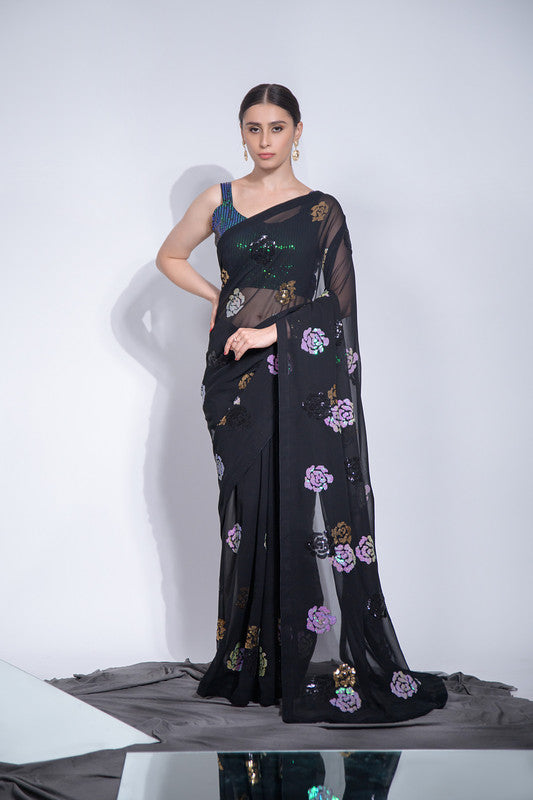 Malishka Women's Georgette Four Colours Sequence Floral Embroidery Work Saree With Blouse Piece - Black - Distacart