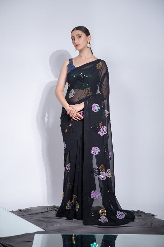 Malishka Women's Georgette Four Colours Sequence Floral Embroidery Work Saree With Blouse Piece - Black - Distacart