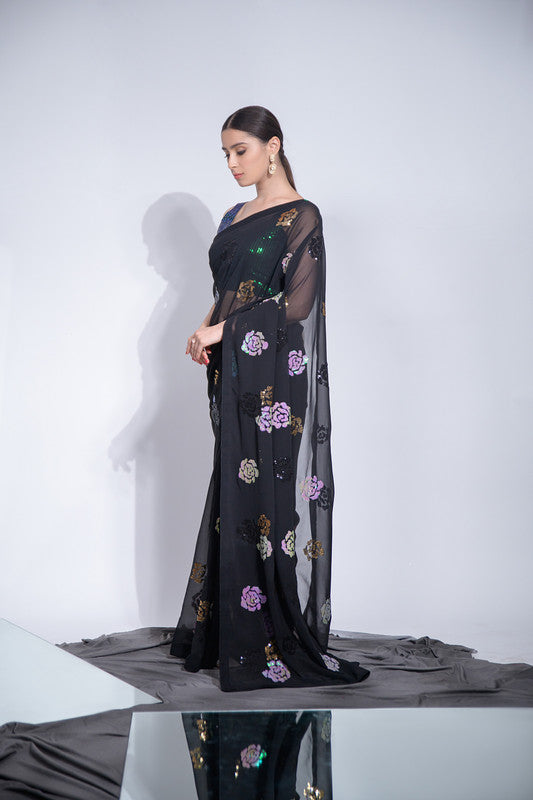 Malishka Women's Georgette Four Colours Sequence Floral Embroidery Work Saree With Blouse Piece - Black - Distacart