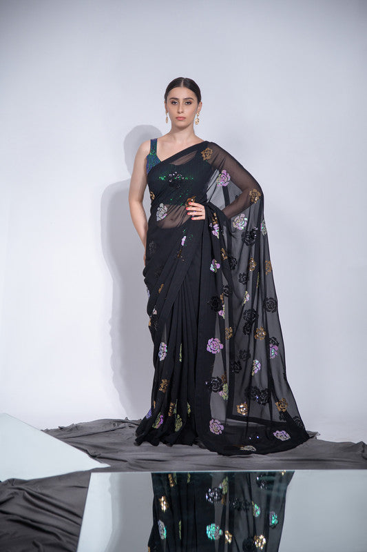 Malishka Women's Georgette Four Colours Sequence Floral Embroidery Work Saree With Blouse Piece - Black - Distacart