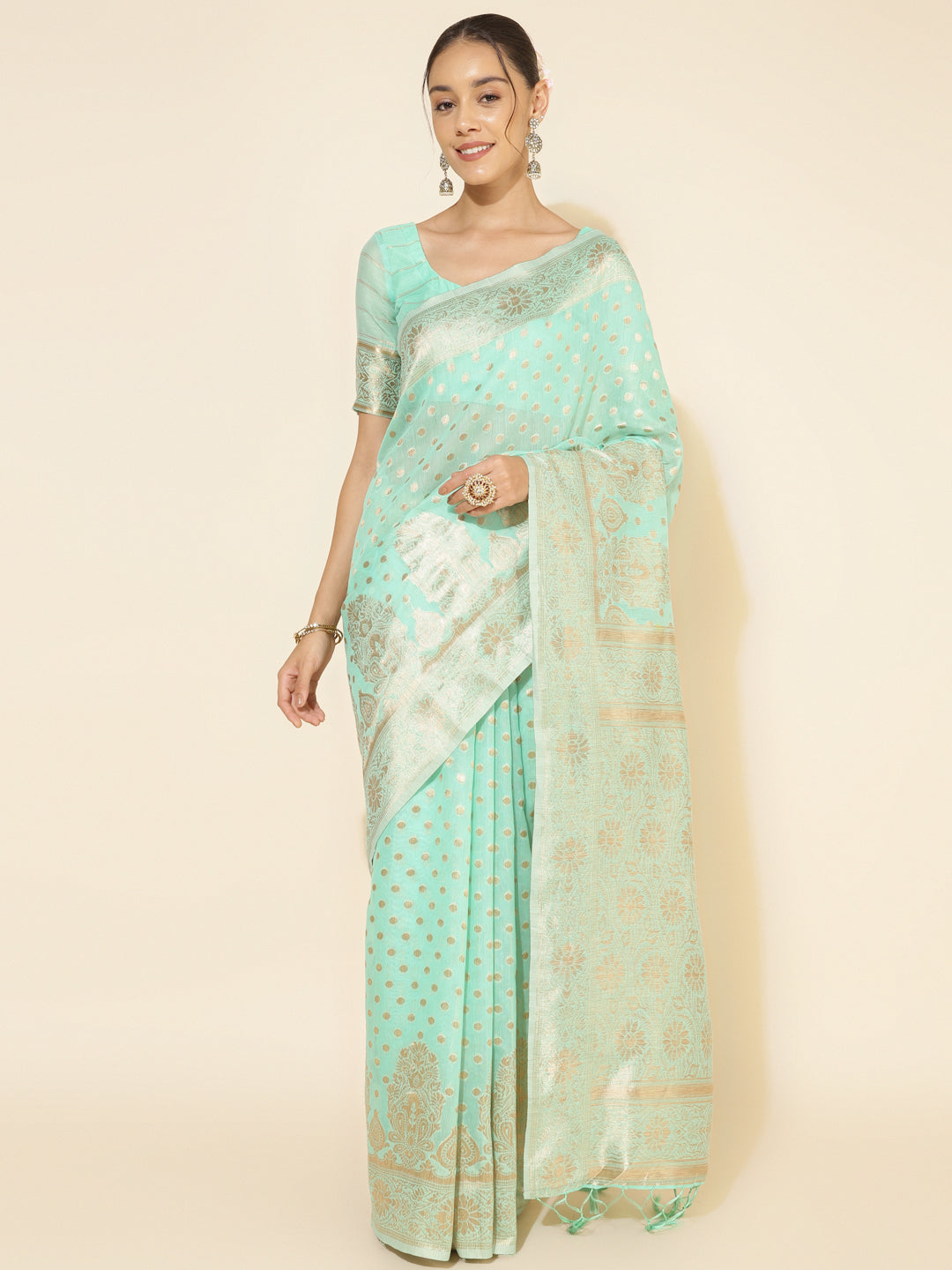 Janasya Sea Green Chanderi Silk Polka Design Woven Design Saree - Distacart