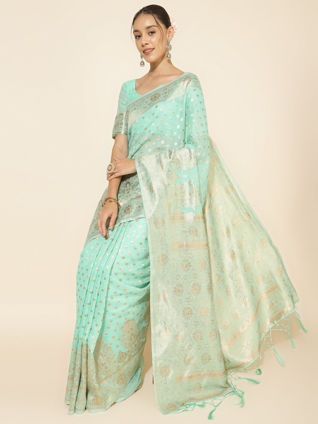 Janasya Sea Green Chanderi Silk Polka Design Woven Design Saree - Distacart
