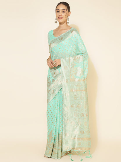 Janasya Sea Green Chanderi Silk Polka Design Woven Design Saree - Distacart
