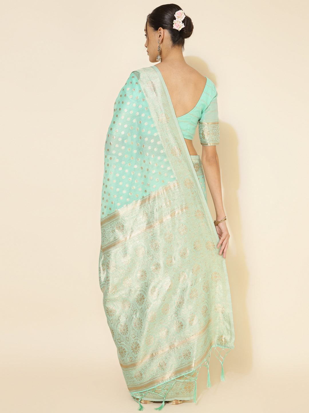Janasya Sea Green Chanderi Silk Polka Design Woven Design Saree - Distacart