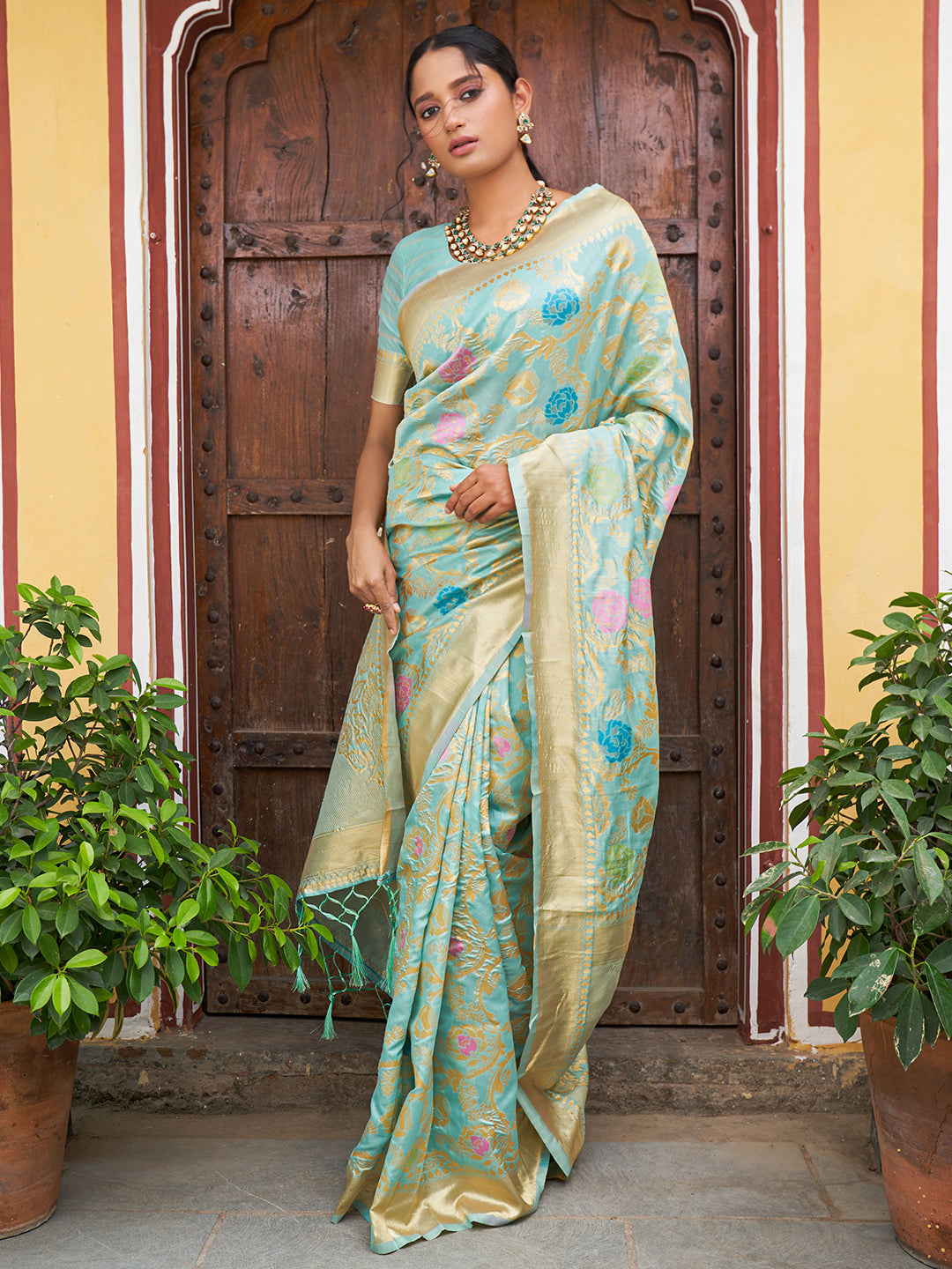 Janasya Sea Green Banarasi Silk Woven Floral Design Banarasi Saree - Distacart
