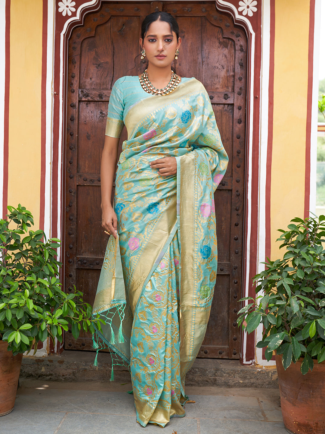 Janasya Sea Green Banarasi Silk Woven Floral Design Banarasi Saree - Distacart