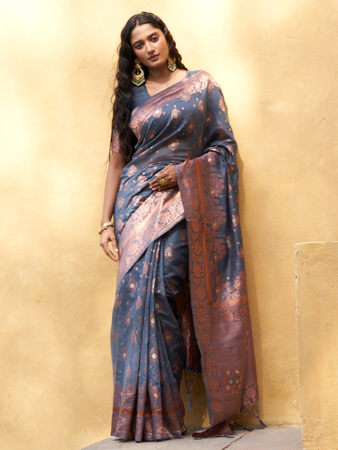 Janasya Dark Grey Chanderi Silk Ethnic Motifs Woven Design Saree - Distacart