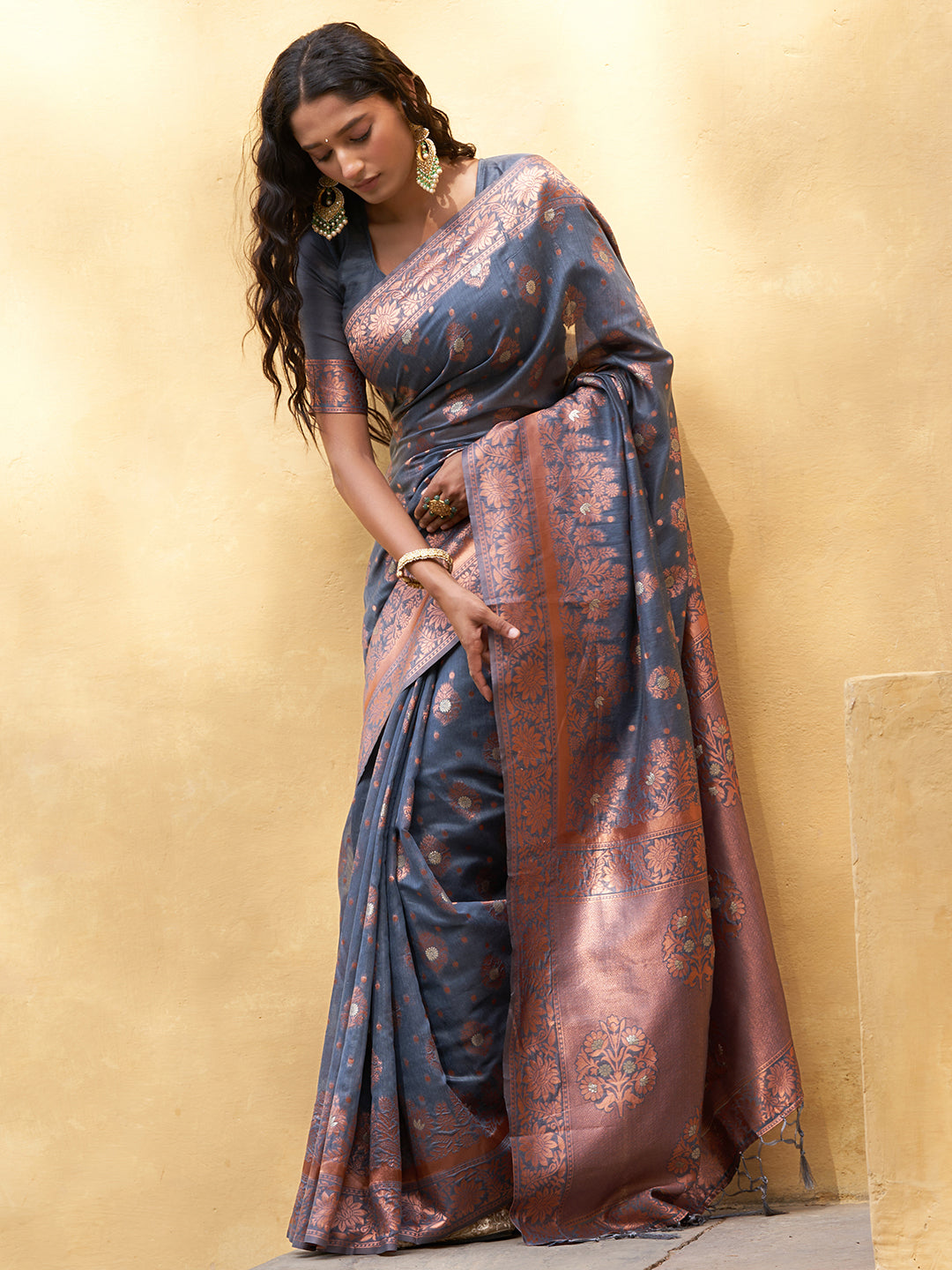 Janasya Dark Grey Chanderi Silk Ethnic Motifs Woven Design Saree - Distacart