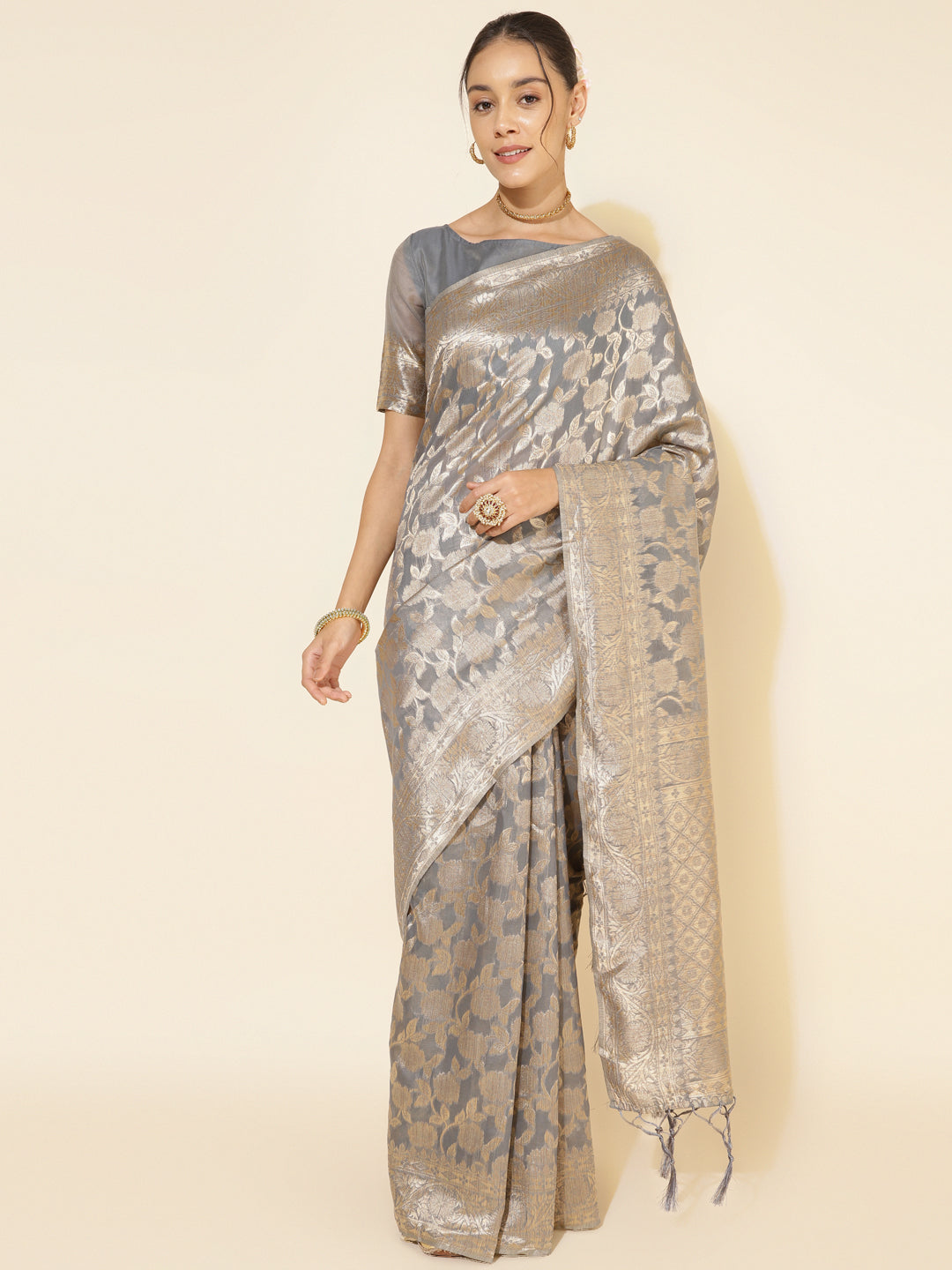 Janasya Grey Chanderi Silk Floral Woven Design Saree - Distacart