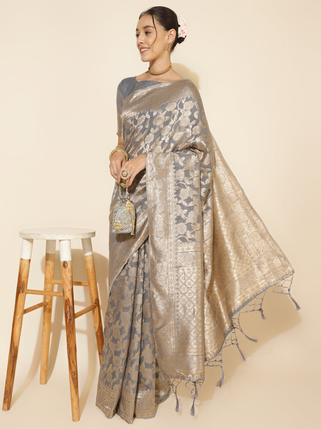 Janasya Grey Chanderi Silk Floral Woven Design Saree - Distacart