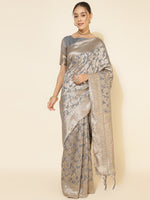 Thumbnail for Janasya Grey Chanderi Silk Floral Woven Design Saree - Distacart