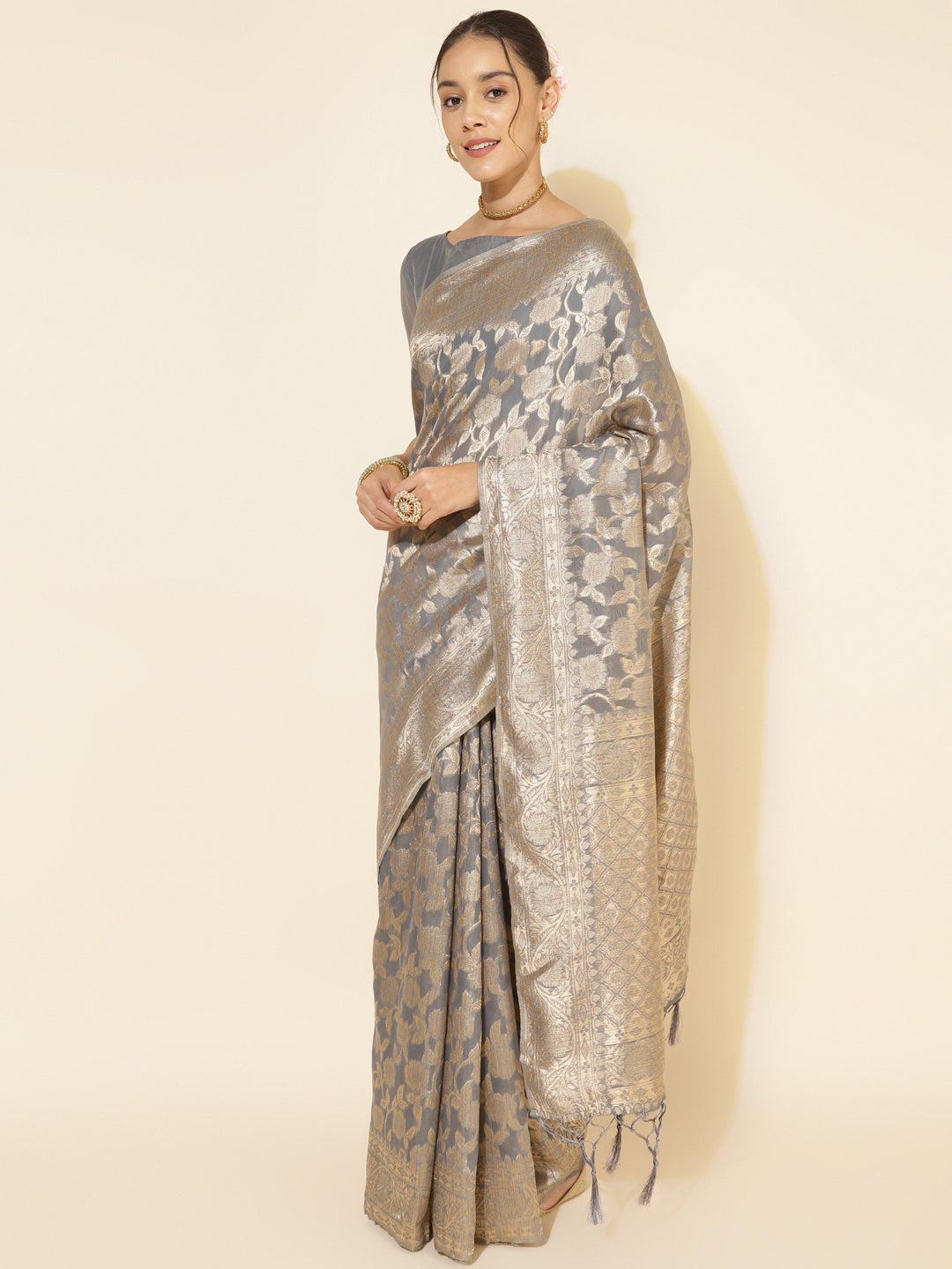 Janasya Grey Chanderi Silk Floral Woven Design Saree - Distacart