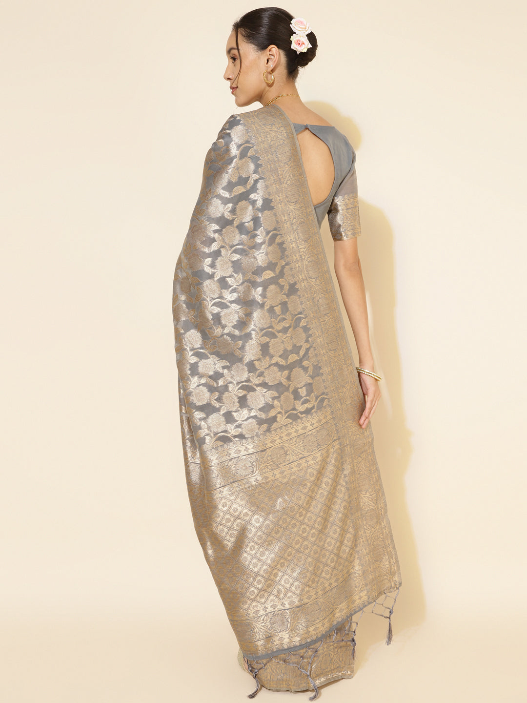 Janasya Grey Chanderi Silk Floral Woven Design Saree - Distacart