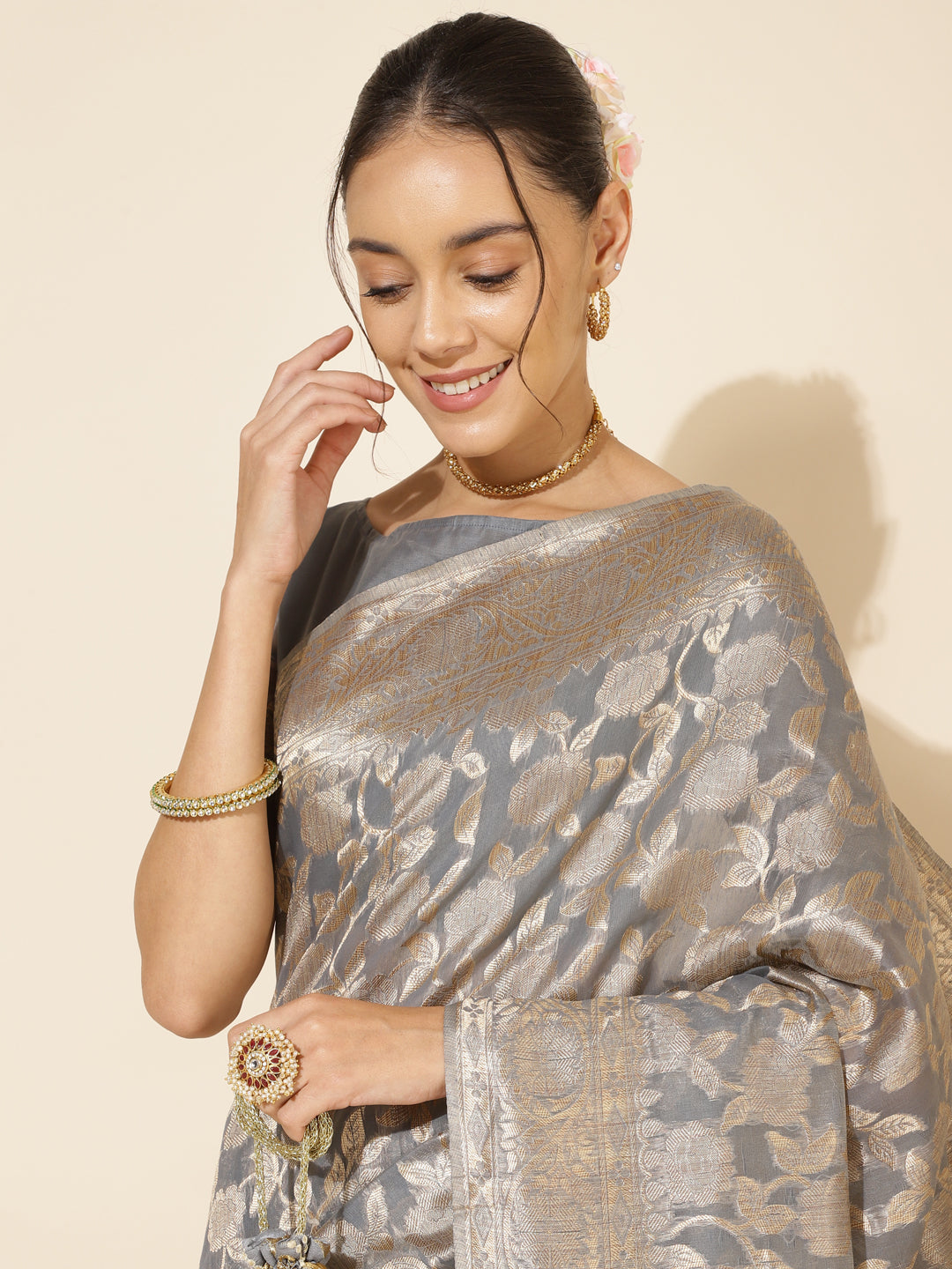Janasya Grey Chanderi Silk Floral Woven Design Saree - Distacart