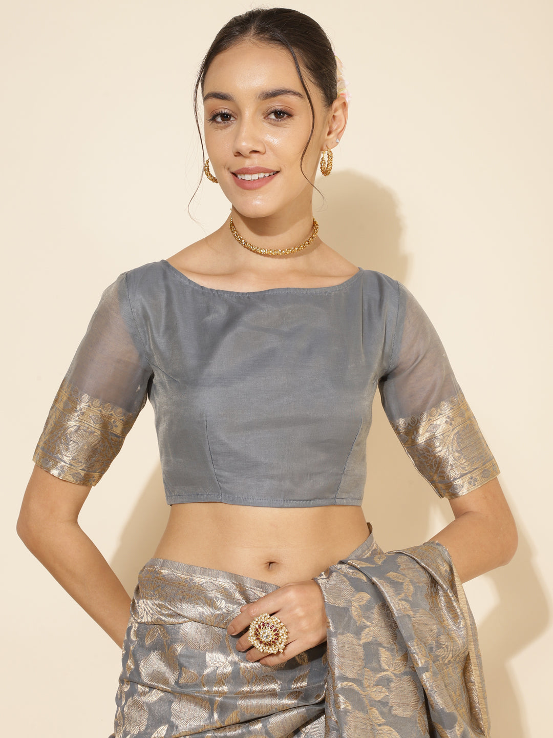 Janasya Grey Chanderi Silk Floral Woven Design Saree - Distacart