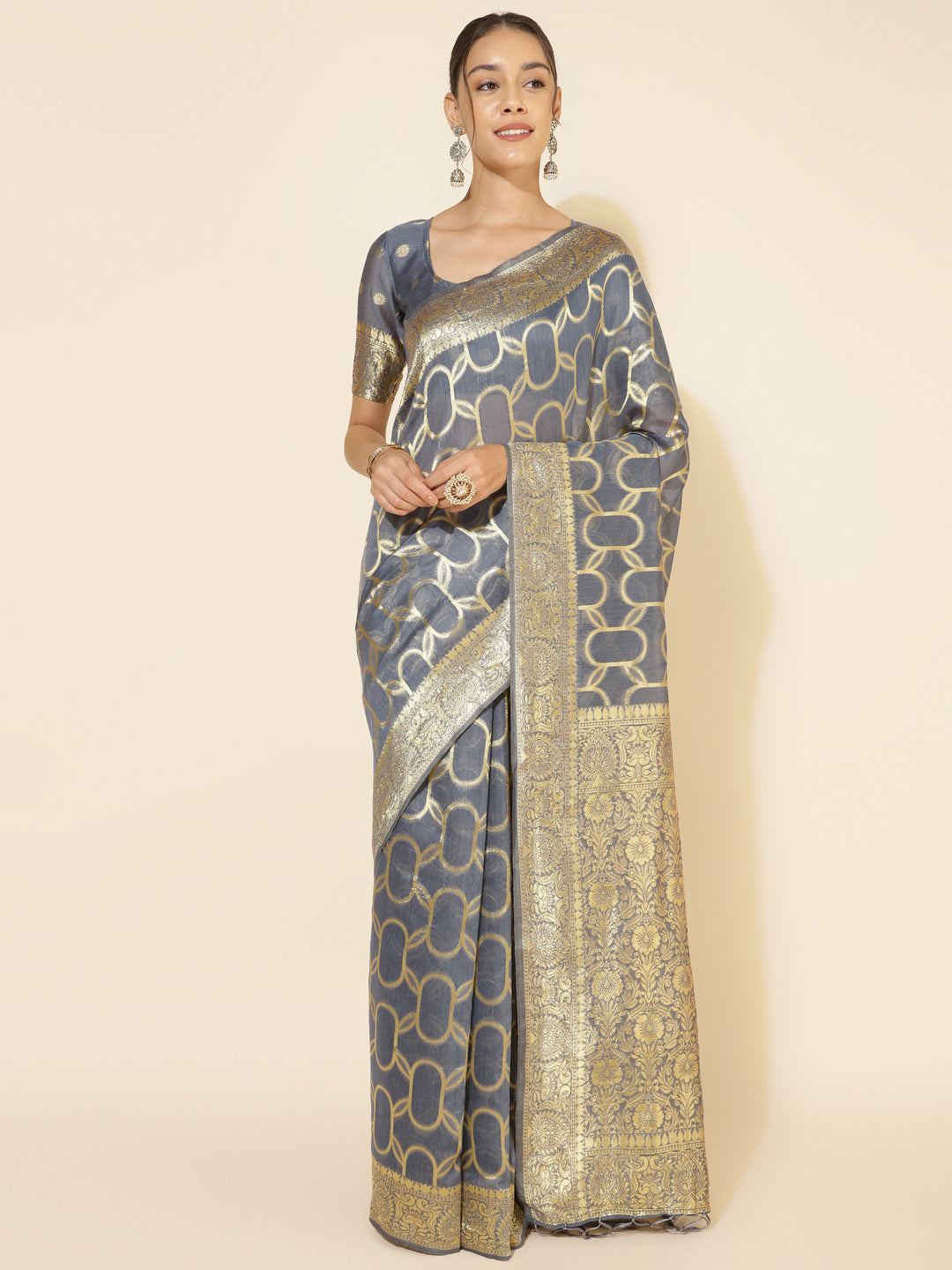 Janasya Grey Chanderi Silk Geometric Design Woven Design Saree - Distacart
