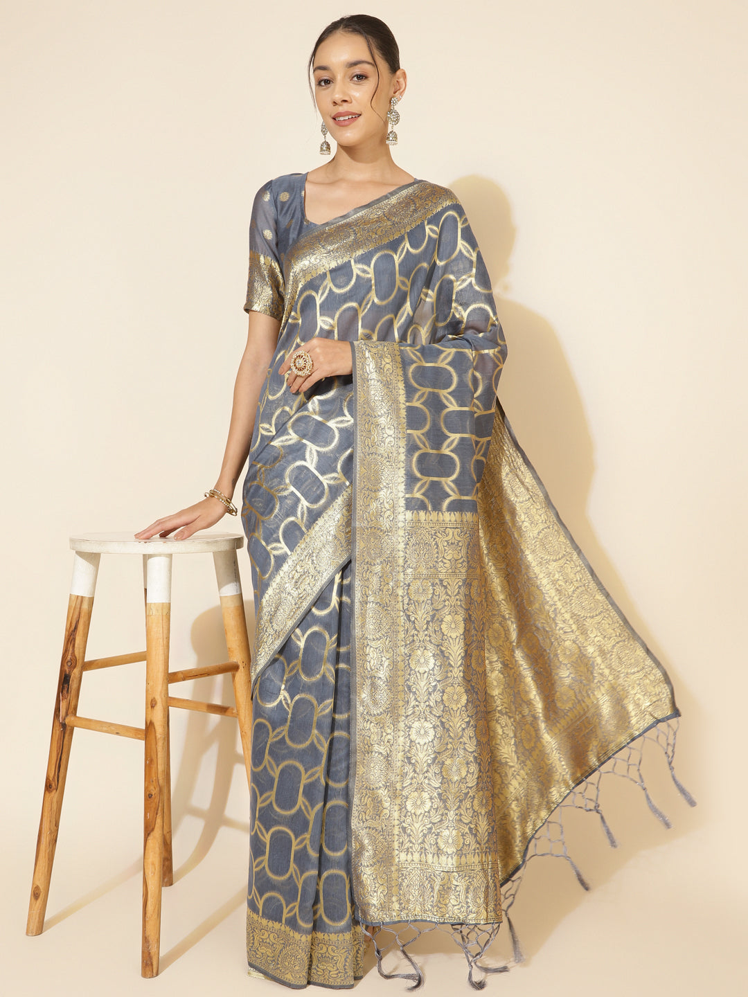 Janasya Grey Chanderi Silk Geometric Design Woven Design Saree - Distacart