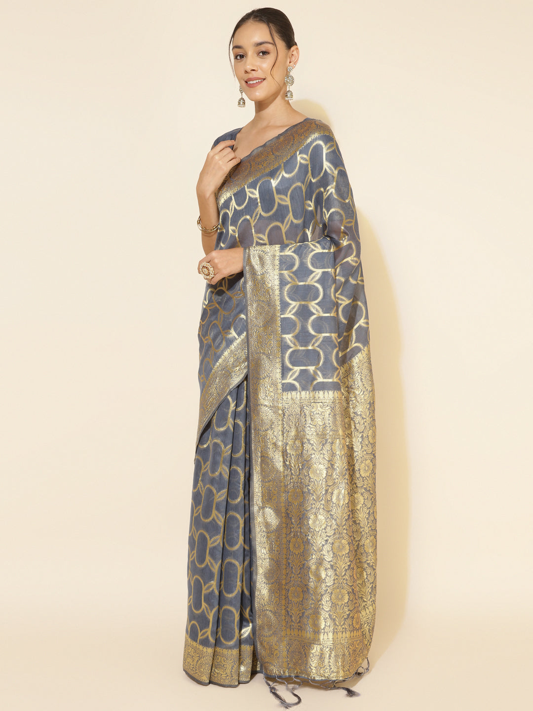 Janasya Grey Chanderi Silk Geometric Design Woven Design Saree - Distacart