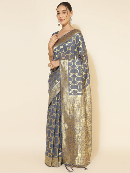 Janasya Grey Chanderi Silk Geometric Design Woven Design Saree - Distacart