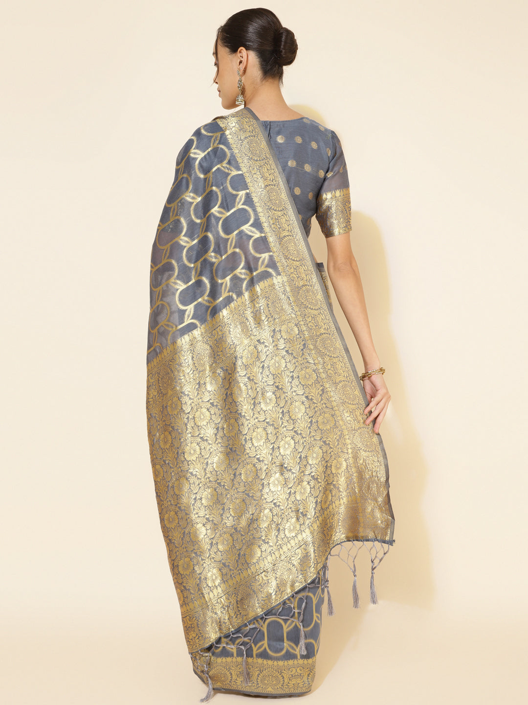 Janasya Grey Chanderi Silk Geometric Design Woven Design Saree - Distacart