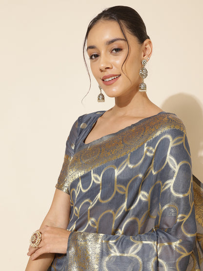 Janasya Grey Chanderi Silk Geometric Design Woven Design Saree - Distacart