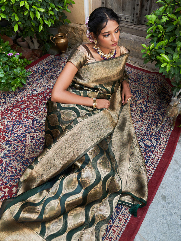 Janasya Bottle Green Organza Woven Ethnic Motifs Kanjeevaram Saree - Distacart