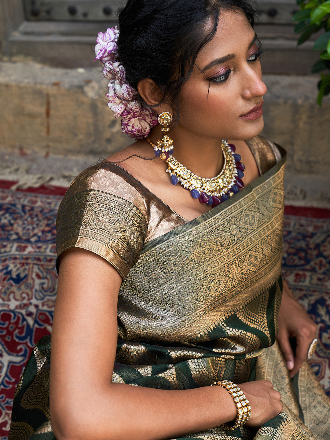 Janasya Bottle Green Organza Woven Ethnic Motifs Kanjeevaram Saree - Distacart