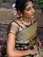 Thumbnail for Janasya Bottle Green Organza Woven Ethnic Motifs Kanjeevaram Saree - Distacart