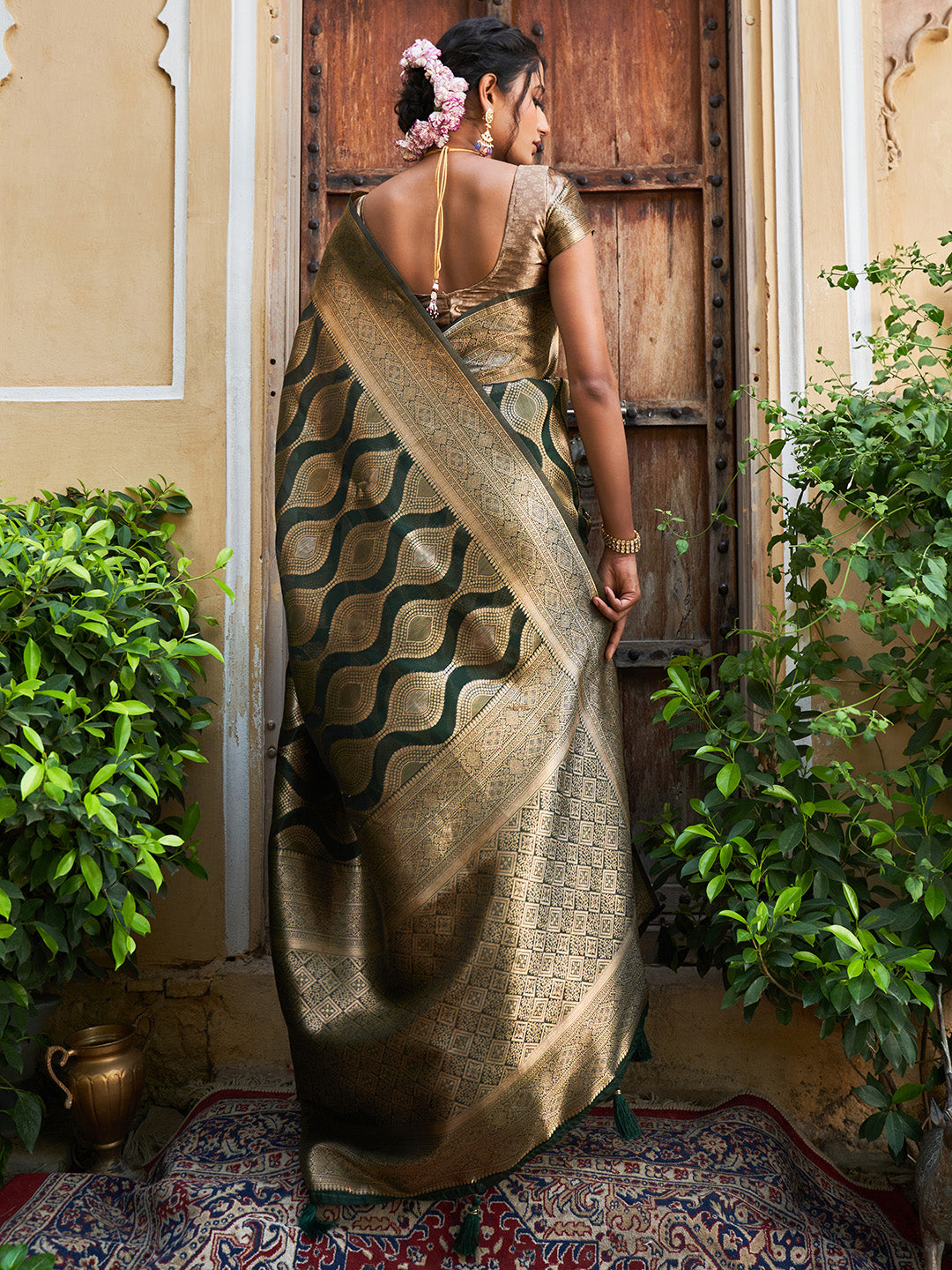 Janasya Bottle Green Organza Woven Ethnic Motifs Kanjeevaram Saree - Distacart